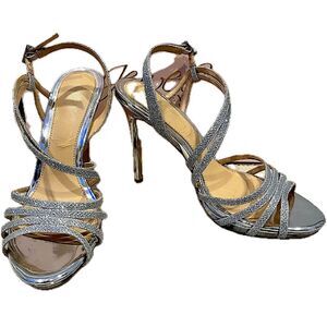 Jewel Badgley Mischka HUMBLE Silver Sparkle Strappy Sandal Heels Size 8.5